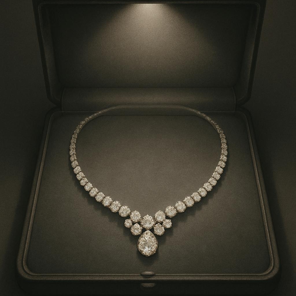 The necklace is a sparkling diamond piece, showcased in a luxurious dark-gray velvet case.